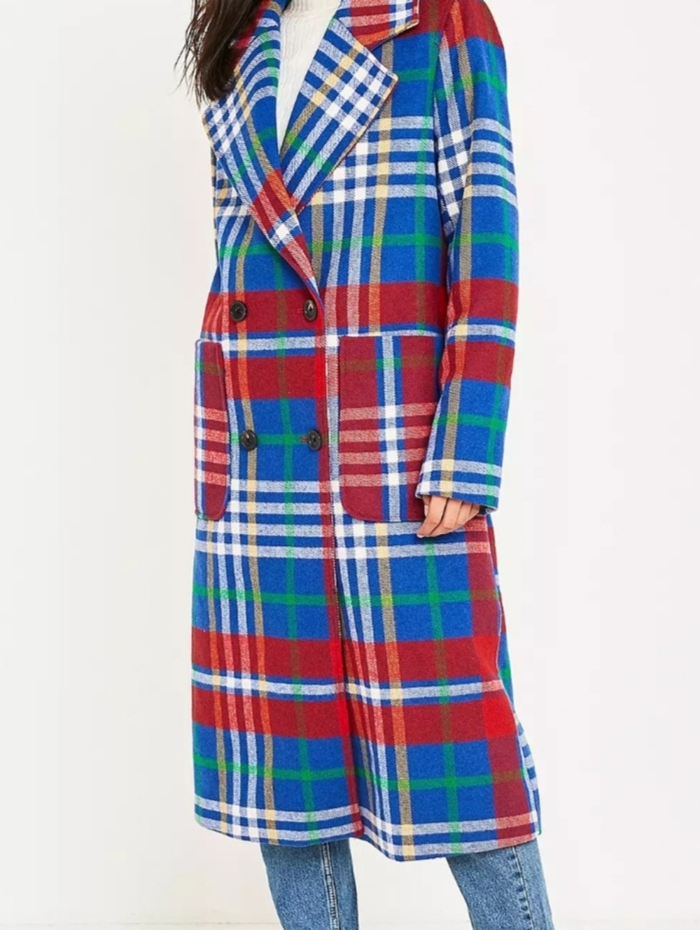 Tommy Hilfiger Red, Blue & Green Plaid Double-Breasted Trench Coat